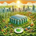 "Visualization of Indonesia's green data center initiative targeting 1,500 MW by 2034, showcasing sustainable technology and renewable energy solutions."